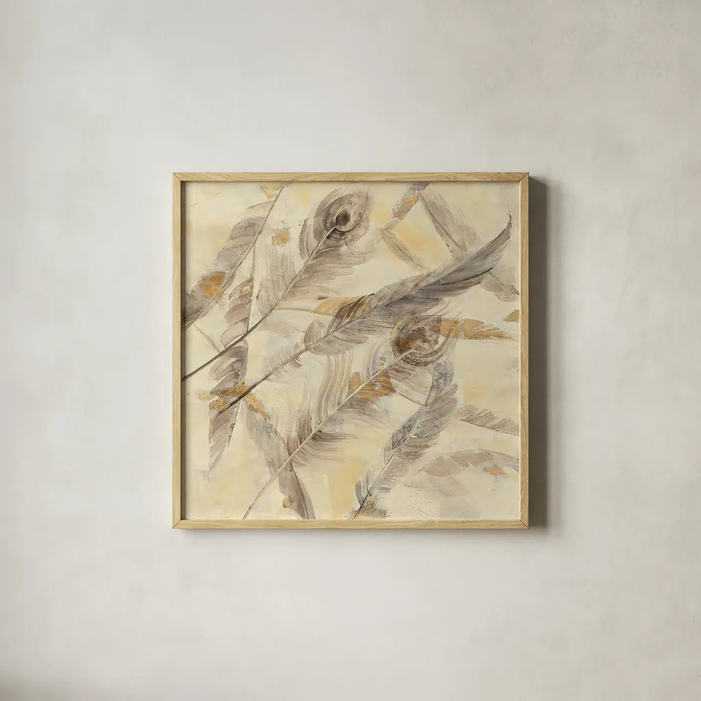 Falling Feathers by Albena Hristova. Shown in a natural wood glass frame for a timeless modern aesthetic. Available as an archival giclee rolled canvas, fine art paper, or poster print. SKU 28646a.