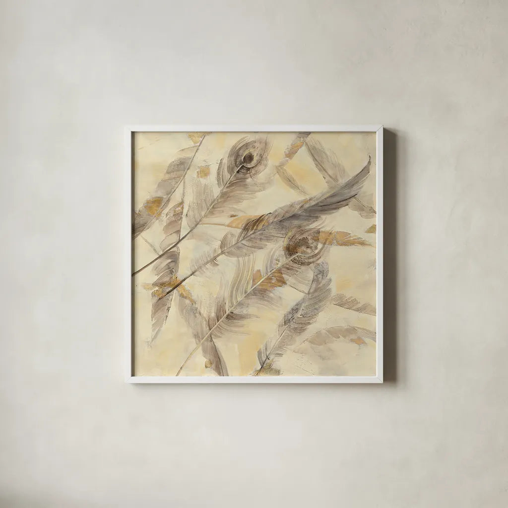 Falling Feathers by Albena Hristova. Shown in a crisp white glass frame for a clean and minimalist style. Available as an archival giclee rolled canvas, fine art paper, or poster print. SKU 28646a.