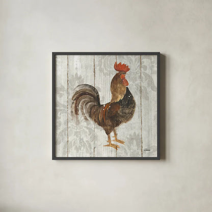Farm Friend III on Barn Board by Albena Hristova. Shown in a sleek black glass frame for a contemporary gallery look. Available as an archival giclee rolled canvas, fine art paper, or poster print. SKU 23347a.