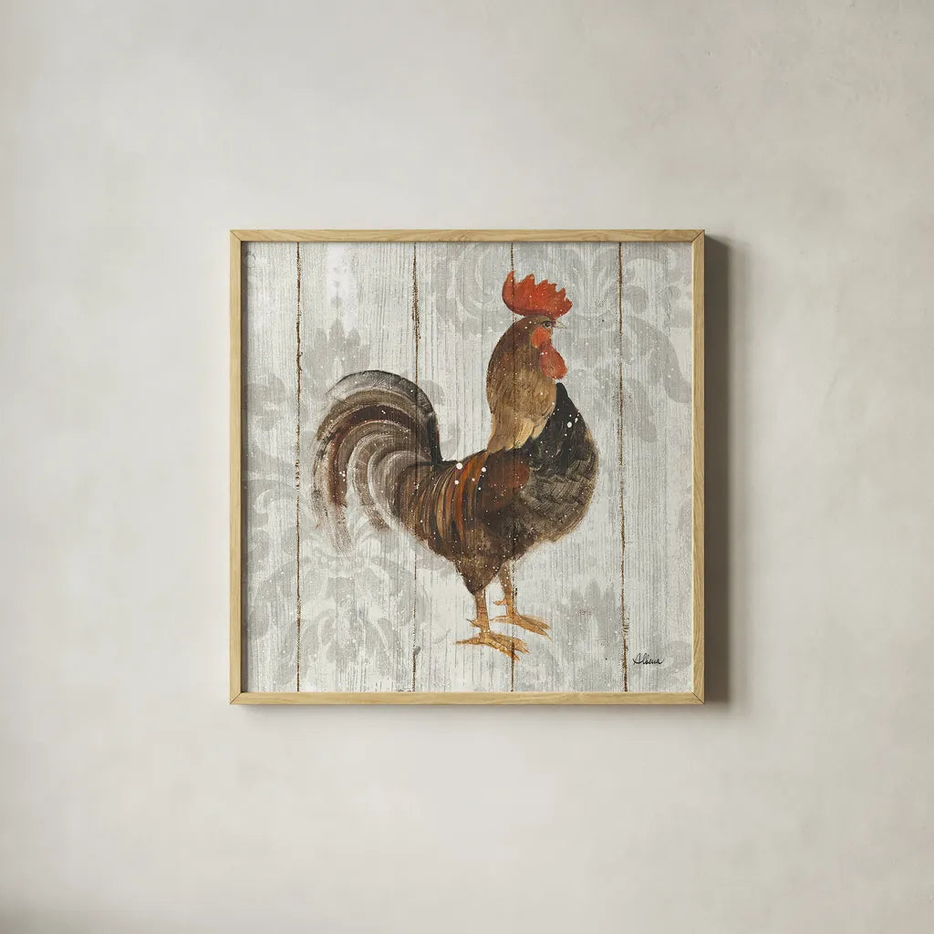 Farm Friend III on Barn Board by Albena Hristova. Shown in a natural wood glass frame for a timeless modern aesthetic. Available as an archival giclee rolled canvas, fine art paper, or poster print. SKU 23347a.
