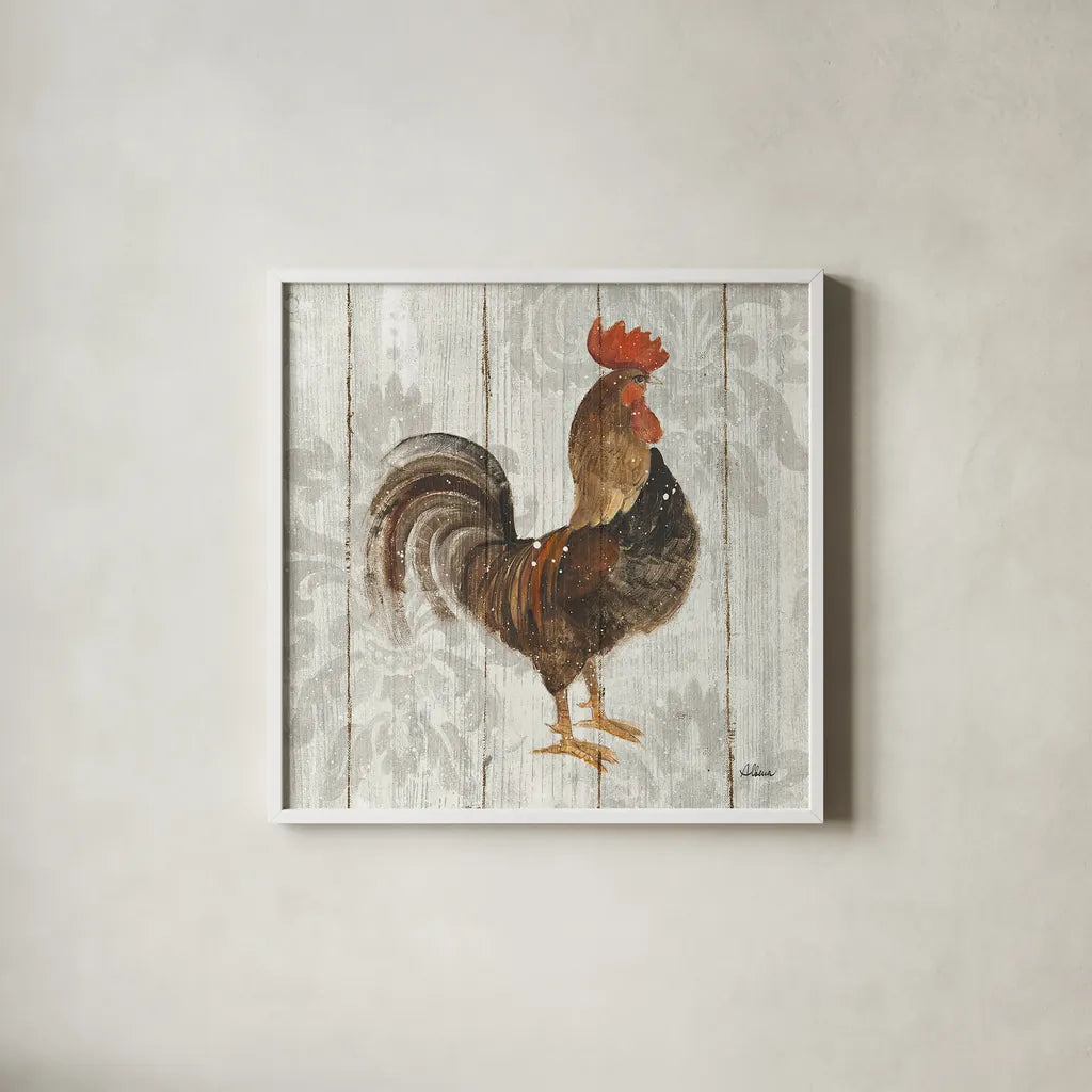 Farm Friend III on Barn Board by Albena Hristova. Shown in a crisp white glass frame for a clean and minimalist style. Available as an archival giclee rolled canvas, fine art paper, or poster print. SKU 23347a.