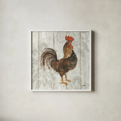 Farm Friend III on Barn Board by Albena Hristova. Shown in a crisp white glass frame for a clean and minimalist style. Available as an archival giclee rolled canvas, fine art paper, or poster print. SKU 23347a.