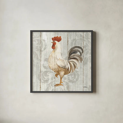 Farm Friend IV on Barn Board by Albena Hristova. Shown in a sleek black glass frame for a contemporary gallery look. Available as an archival giclee rolled canvas, fine art paper, or poster print. SKU 23348a.