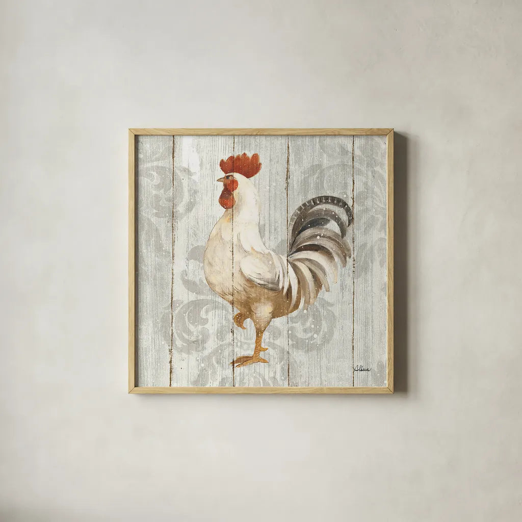 Farm Friend IV on Barn Board by Albena Hristova. Shown in a natural wood glass frame for a timeless modern aesthetic. Available as an archival giclee rolled canvas, fine art paper, or poster print. SKU 23348a.