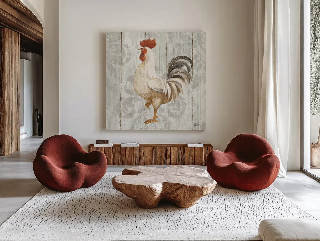 Farm Friend IV on Barn Board by Albena Hristova. Shown as extra-large giant wall art in a modern living room. Available as an archival giclee rolled canvas, fine art paper, or poster print. SKU 23348a.