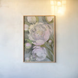 Favorite Peonies by Albena Hristova. shown as a paper print in a natural frame. Available as a archival giclee rolled canvas, fine art paper, or poster print. SKU 59662h.