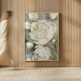 Favorite White Peonies by Albena Hristova. shown as over sized large wall art. Available as an archival giclee rolled canvas, fine art paper, or poster print. SKU 63085h.
