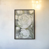 Favorite White Peonies by Albena Hristova. shown as a paper print in a black flame. Available as a archival giclee rolled canvas, fine art paper, or poster print. SKU 63085h.