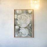 Favorite White Peonies by Albena Hristova. shown as a paper print in a natural frame. Available as a archival giclee rolled canvas, fine art paper, or poster print. SKU 63085h.