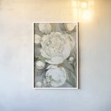 Favorite White Peonies by Albena Hristova. shown as a paper print in a white frame. Available as a archival giclee rolled canvas, fine art paper, or poster print. SKU 63085h.