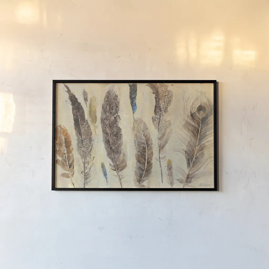 Feather Study by Albena Hristova. shown as a paper print in a black flame. Available as a archival giclee rolled canvas, fine art paper, or poster print. SKU 24330i.