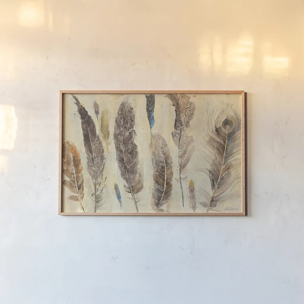 Feather Study by Albena Hristova. shown as a paper print in a natural frame. Available as a archival giclee rolled canvas, fine art paper, or poster print. SKU 24330i.