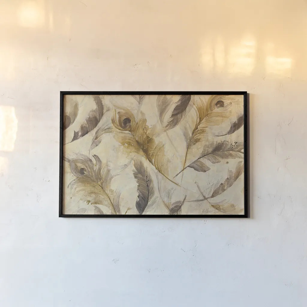 Feather Toss by Albena Hristova. shown as a paper print in a black flame. Available as a archival giclee rolled canvas, fine art paper, or poster print. SKU 24329i.