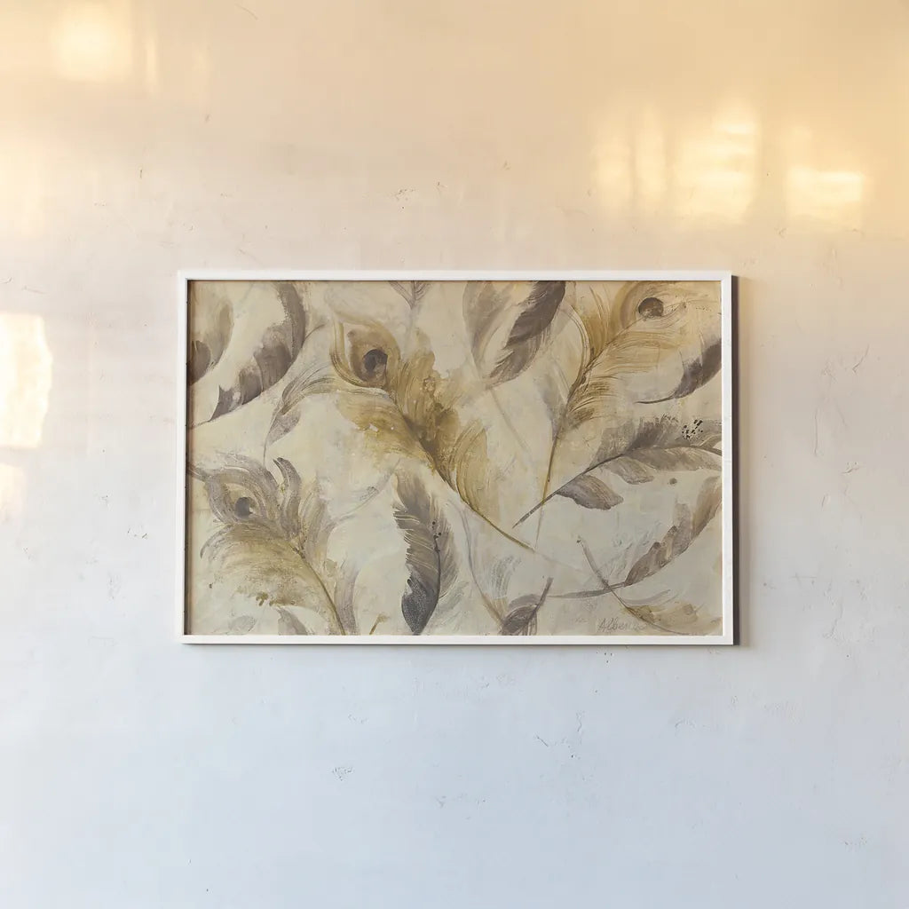 Feather Toss by Albena Hristova. shown as a paper print in a white frame. Available as a archival giclee rolled canvas, fine art paper, or poster print. SKU 24329i.