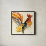 Festive Rooster I by Albena Hristova. Shown in a sleek black glass frame for a contemporary gallery look. Available as an archival giclee rolled canvas, fine art paper, or poster print. SKU 41852a.