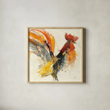 Festive Rooster I by Albena Hristova. Shown in a natural wood glass frame for a timeless modern aesthetic. Available as an archival giclee rolled canvas, fine art paper, or poster print. SKU 41852a.