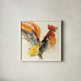 Festive Rooster I by Albena Hristova. Shown in a crisp white glass frame for a clean and minimalist style. Available as an archival giclee rolled canvas, fine art paper, or poster print. SKU 41852a.
