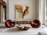 Festive Rooster I by Albena Hristova. Shown as extra-large giant wall art in a modern living room. Available as an archival giclee rolled canvas, fine art paper, or poster print. SKU 41852a.