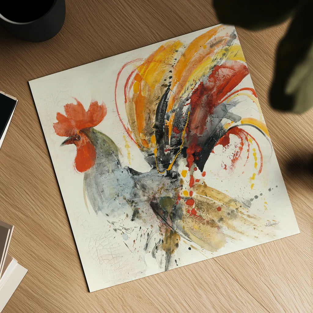 Festive Rooster II by Albena Hristova. Shown as a detailed flat fine art print, highlighting archival giclee quality. Available as an archival giclee rolled canvas, fine art paper, or poster print. SKU 41853a.