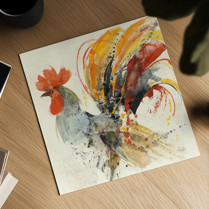 Festive Rooster II by Albena Hristova. Shown as a detailed flat fine art print, highlighting archival giclee quality. Available as an archival giclee rolled canvas, fine art paper, or poster print. SKU 41853a.