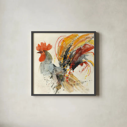 Festive Rooster II by Albena Hristova. Shown in a sleek black glass frame for a contemporary gallery look. Available as an archival giclee rolled canvas, fine art paper, or poster print. SKU 41853a.