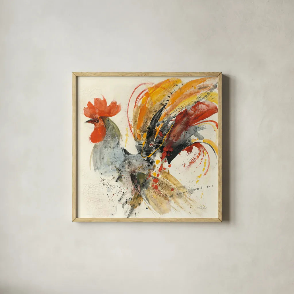 Festive Rooster II by Albena Hristova. Shown in a natural wood glass frame for a timeless modern aesthetic. Available as an archival giclee rolled canvas, fine art paper, or poster print. SKU 41853a.