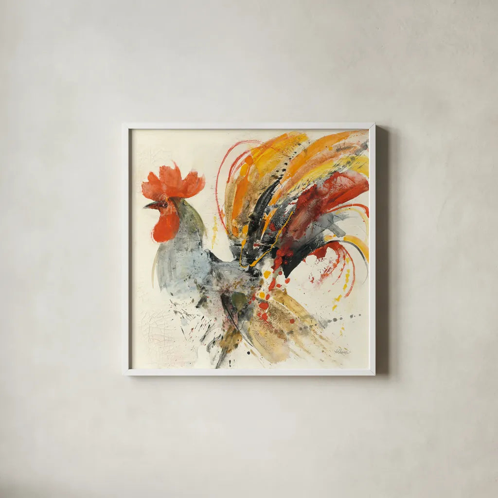 Festive Rooster II by Albena Hristova. Shown in a crisp white glass frame for a clean and minimalist style. Available as an archival giclee rolled canvas, fine art paper, or poster print. SKU 41853a.
