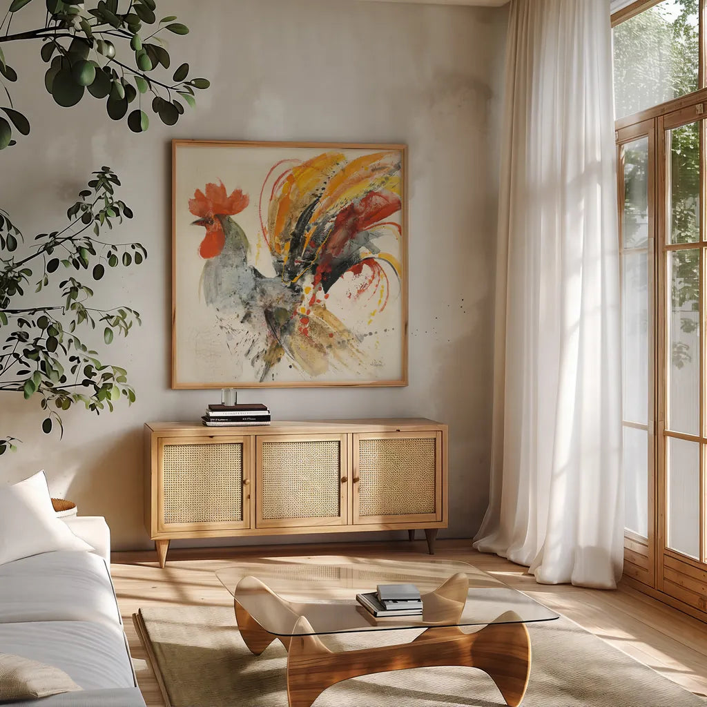 Festive Rooster II by Albena Hristova. Shown in a natural wood frame in a cozy modern living room. Available as an archival giclee rolled canvas, fine art paper, or poster print. SKU 41853a.