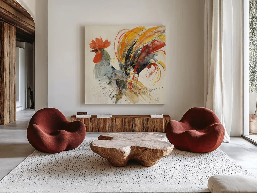 Festive Rooster II by Albena Hristova. Shown as extra-large giant wall art in a modern living room. Available as an archival giclee rolled canvas, fine art paper, or poster print. SKU 41853a.