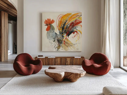 Festive Rooster II by Albena Hristova. Shown as extra-large giant wall art in a modern living room. Available as an archival giclee rolled canvas, fine art paper, or poster print. SKU 41853a.