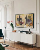 Fine Vintage Reds by Albena Hristova. shown as a framed stretched canvas in a living room above a console. Available as a archival giclee rolled canvas, fine art paper, or poster print. SKU 49939i.