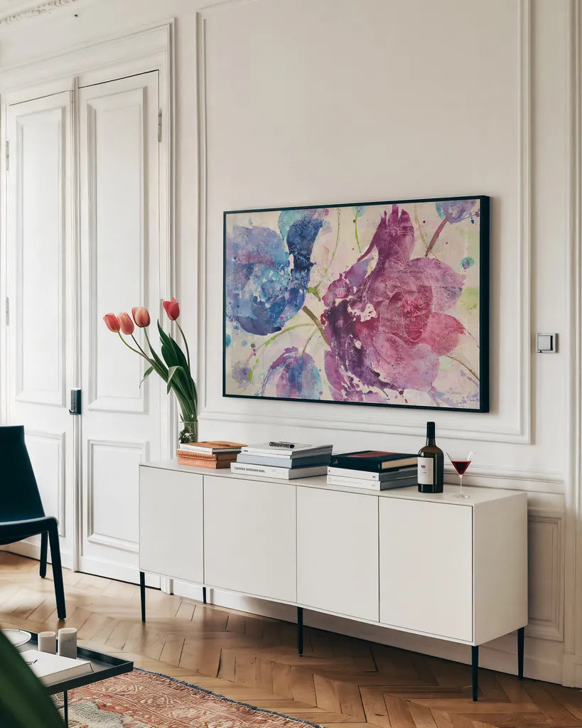Fireworks Abstract v2 by Albena Hristova. shown as a framed stretched canvas in a living room above a console. Available as a archival giclee rolled canvas, fine art paper, or poster print. SKU 35966i.