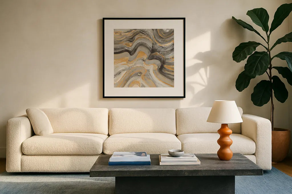 Floating Lava Autumn by Albena Hristova. Displayed in a glass frame with matte in a clean modern living room. Available as an archival giclee rolled canvas, fine art paper, or poster print. SKU 78327a.