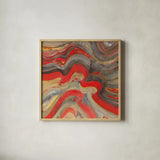 Floating Lava Red by Albena Hristova. Shown in a natural wood glass frame for a timeless modern aesthetic. Available as an archival giclee rolled canvas, fine art paper, or poster print. SKU 55940a.