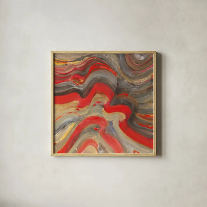 Floating Lava Red by Albena Hristova. Shown in a natural wood glass frame for a timeless modern aesthetic. Available as an archival giclee rolled canvas, fine art paper, or poster print. SKU 55940a.