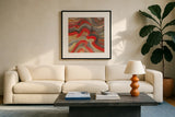 Floating Lava Red by Albena Hristova. Displayed in a glass frame with matte in a clean modern living room. Available as an archival giclee rolled canvas, fine art paper, or poster print. SKU 55940a.