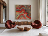 Floating Lava Red by Albena Hristova. Shown as extra-large giant wall art in a modern living room. Available as an archival giclee rolled canvas, fine art paper, or poster print. SKU 55940a.
