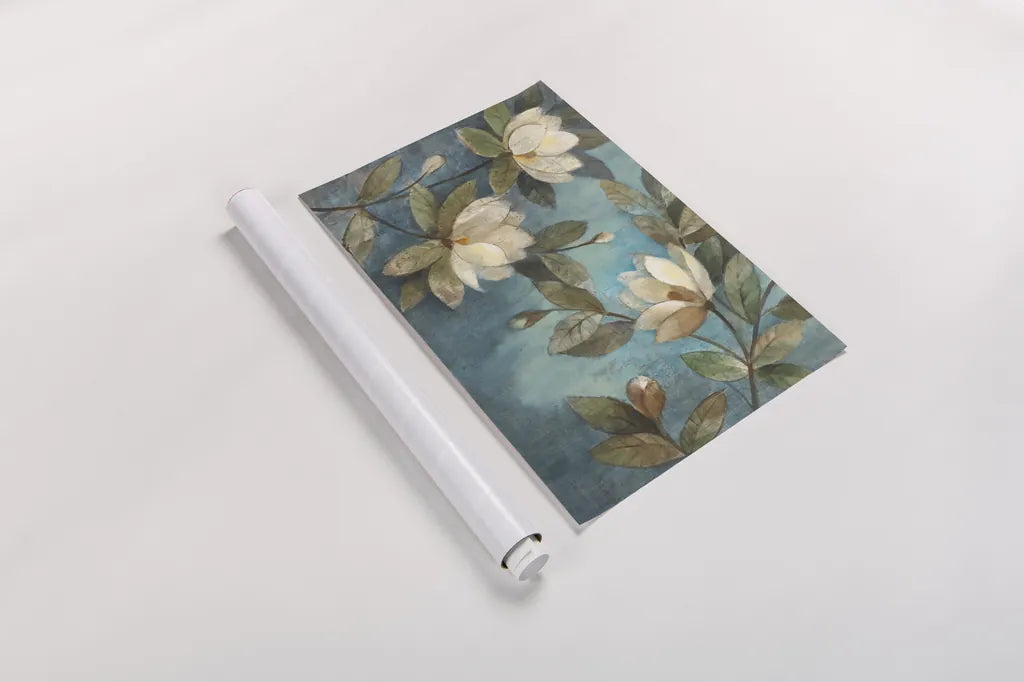 Floating Magnolia by Albena Hristova. shown as a rolled paper print. Available as archival giclee rolled canvas, fine art paper, or poster print. SKU 5071i.