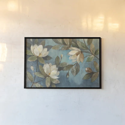 Floating Magnolia by Albena Hristova. shown as a paper print in a black flame. Available as a archival giclee rolled canvas, fine art paper, or poster print. SKU 5071i.