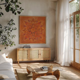 Floral Block Design III Tile IV by Albena Hristova. Shown in a natural wood frame in a cozy modern living room. Available as an archival giclee rolled canvas, fine art paper, or poster print. SKU 54899a.
