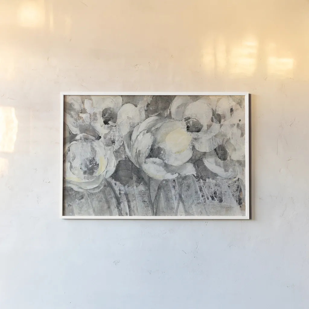 Floral Fantasy by Albena Hristova. shown as a paper print in a white frame. Available as a archival giclee rolled canvas, fine art paper, or poster print. SKU 57909i.