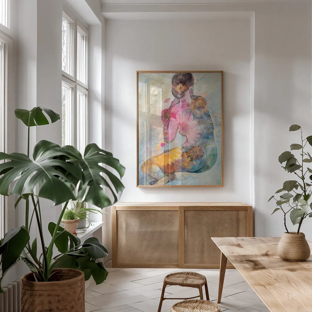 Floral Figures II by Albena Hristova. shown as a print in a natural wood frame in a dining room. Available as a archival giclee rolled canvas, fine art paper, or poster print. SKU 80833h.