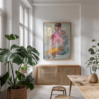Floral Figures II by Albena Hristova. shown as a print in a natural wood frame in a dining room. Available as a archival giclee rolled canvas, fine art paper, or poster print. SKU 80833h.