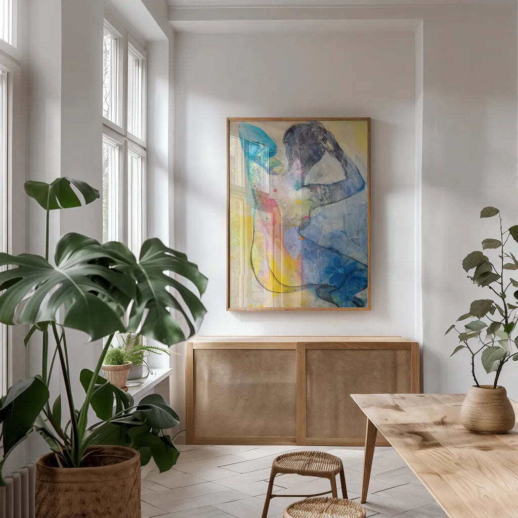 Floral Figures III by Albena Hristova. shown as a print in a natural wood frame in a dining room. Available as a archival giclee rolled canvas, fine art paper, or poster print. SKU 80834h.