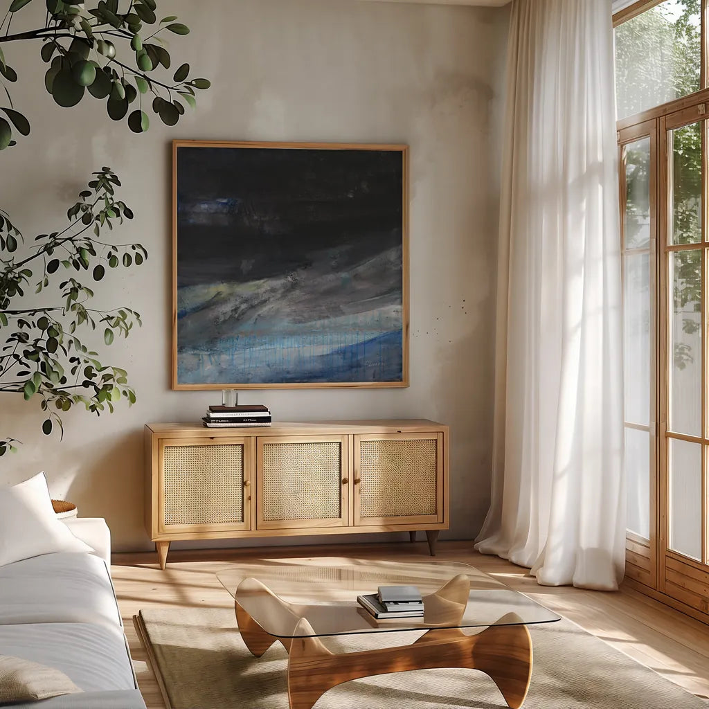 Flow I by Albena Hristova. Shown in a natural wood frame in a cozy modern living room. Available as an archival giclee rolled canvas, fine art paper, or poster print. SKU 77988a.