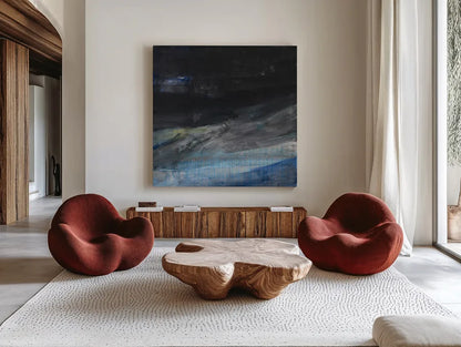 Flow I by Albena Hristova. Shown as extra-large giant wall art in a modern living room. Available as an archival giclee rolled canvas, fine art paper, or poster print. SKU 77988a.