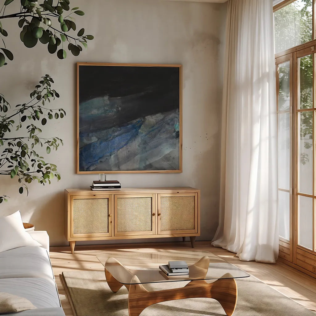 Flow II by Albena Hristova. Shown in a natural wood frame in a cozy modern living room. Available as an archival giclee rolled canvas, fine art paper, or poster print. SKU 77989a.