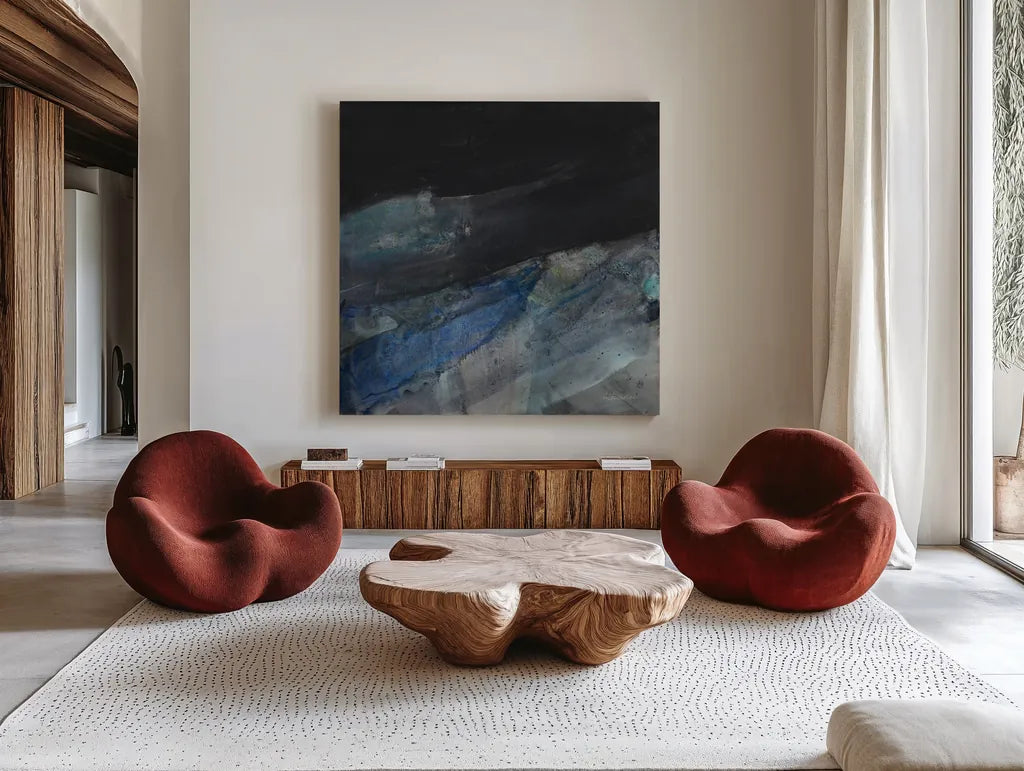 Flow II by Albena Hristova. Shown as extra-large giant wall art in a modern living room. Available as an archival giclee rolled canvas, fine art paper, or poster print. SKU 77989a.