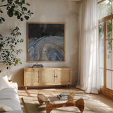 Flow III by Albena Hristova. Shown in a natural wood frame in a cozy modern living room. Available as an archival giclee rolled canvas, fine art paper, or poster print. SKU 77990a.