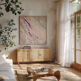 Flowing I by Albena Hristova. Shown in a natural wood frame in a cozy modern living room. Available as an archival giclee rolled canvas, fine art paper, or poster print. SKU 38921a.